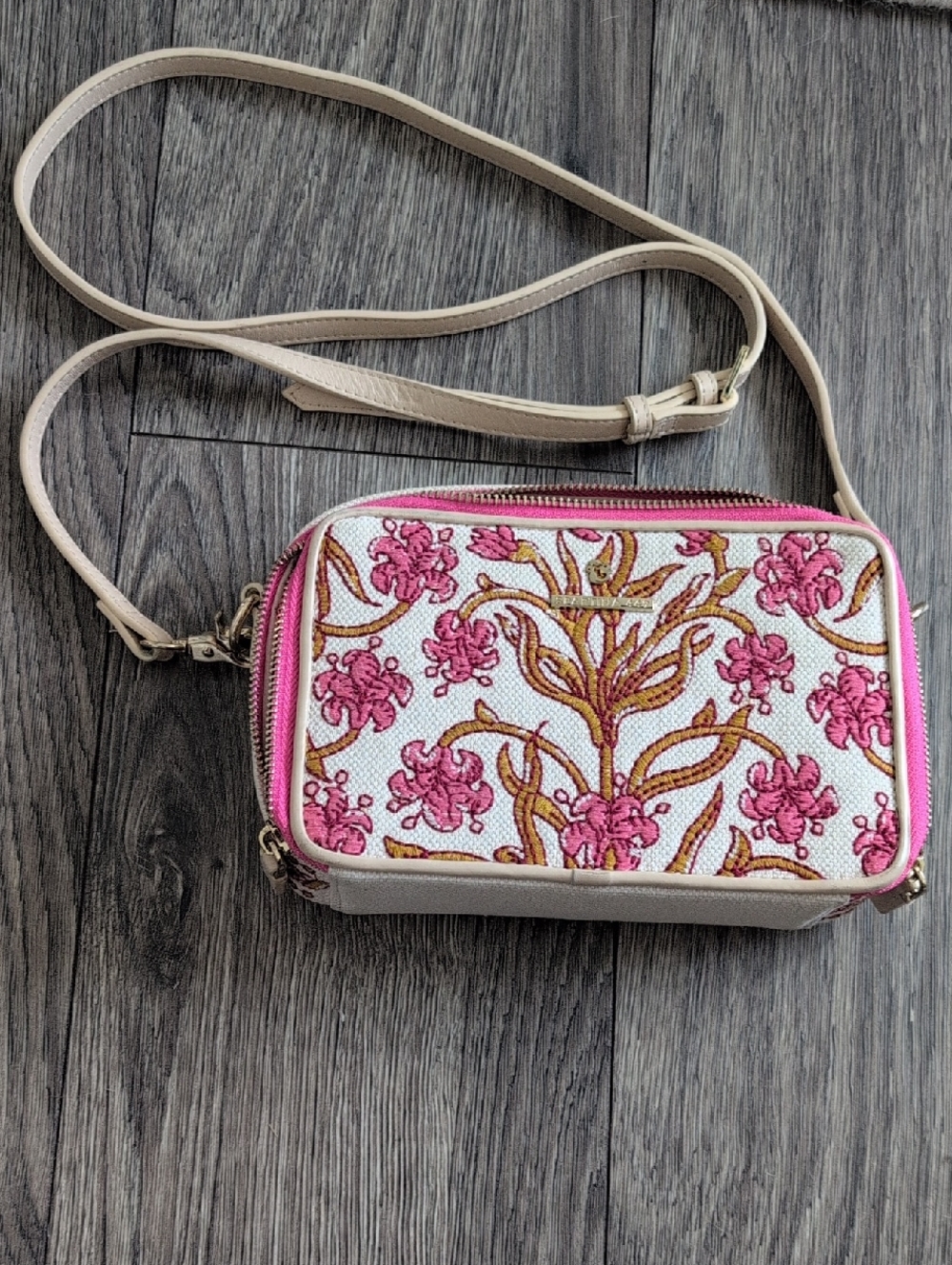 Spartina 449 Pink Floral Embroidered Cream Crossbody Bag